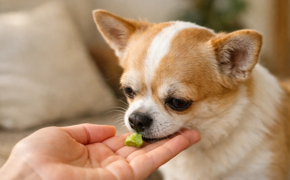 Dog eating a small piece of avocado flesh safely