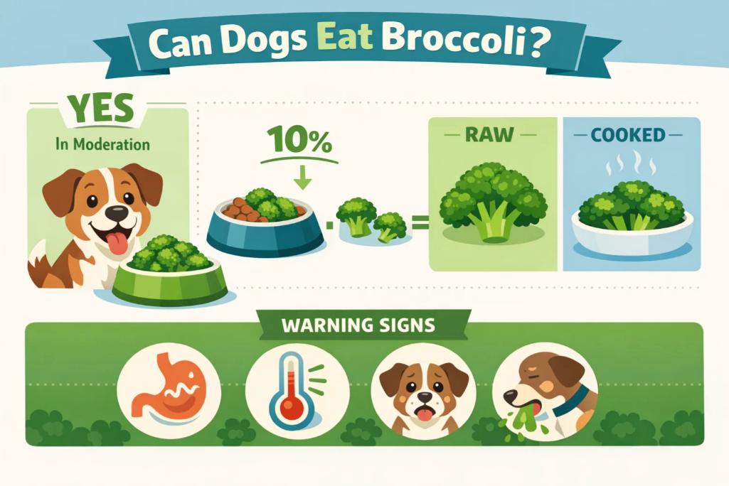 Infographic showing whether can dogs eat broccoli safely and portion guidelines