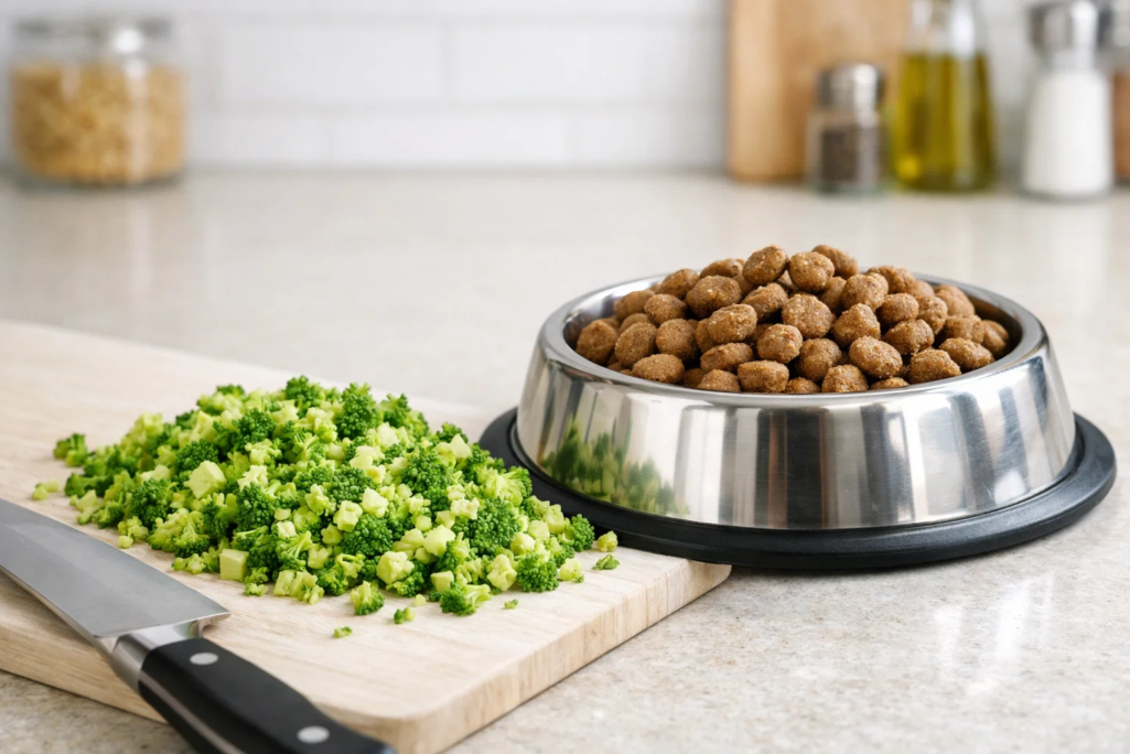 Dog eating broccoli in small bite-sized pieces