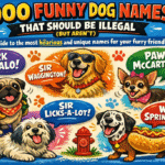 Playful infographic titled ‘1000 Funny Dog Names That Should Be Illegal (But Aren’t)’ featuring cartoon dogs, speech bubbles with punny names, and a fun, colorful design introducing a humorous dog name guide.”