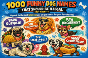 Playful infographic titled ‘1000 Funny Dog Names That Should Be Illegal (But Aren’t)’ featuring cartoon dogs, speech bubbles with punny names, and a fun, colorful design introducing a humorous dog name guide.”