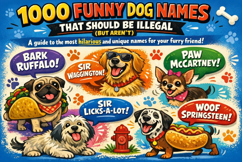 Playful infographic titled ‘1000 Funny Dog Names That Should Be Illegal (But Aren’t)’ featuring cartoon dogs, speech bubbles with punny names, and a fun, colorful design introducing a humorous dog name guide.”