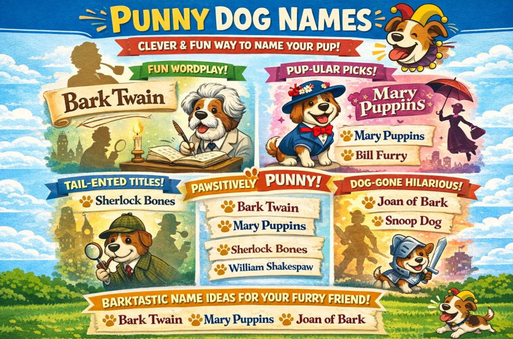 Infographic featuring pun-based dog names like Bark Twain and Mary Puppins, using playful typography and celebrity-inspired dog illustrations.