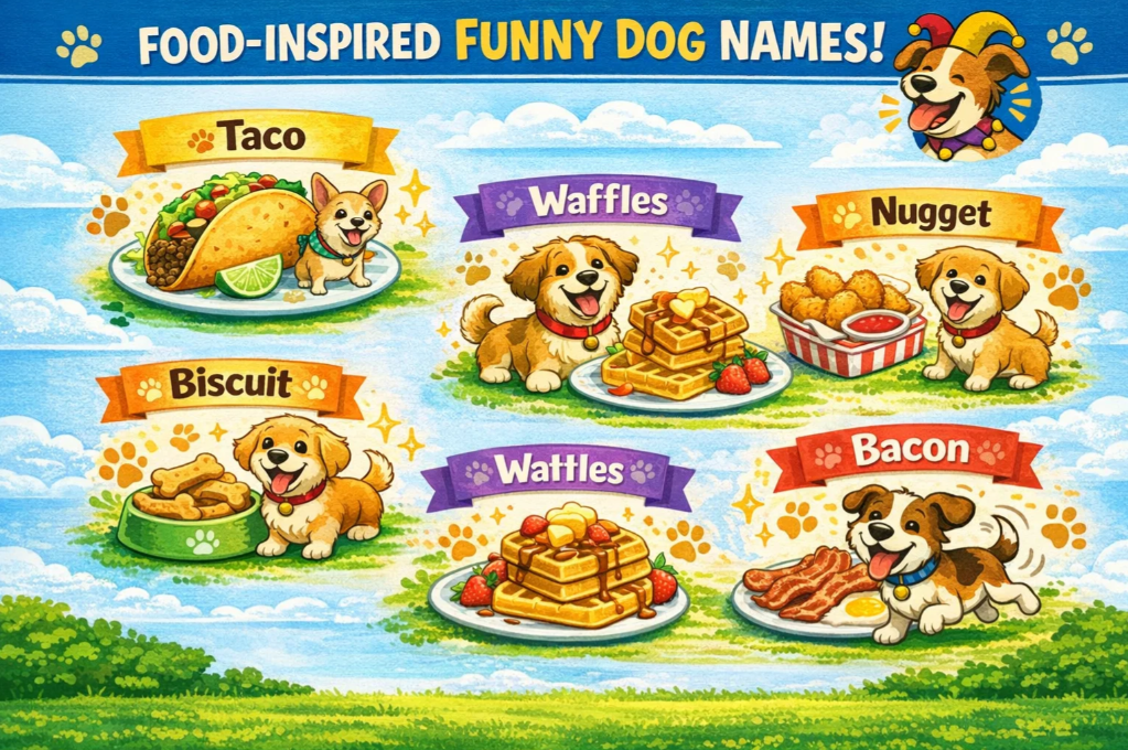 Colorful infographic of food-inspired dog names such as Taco, Biscuit, Waffles, and Nugget, illustrated with snacks, bowls, and paw prints.