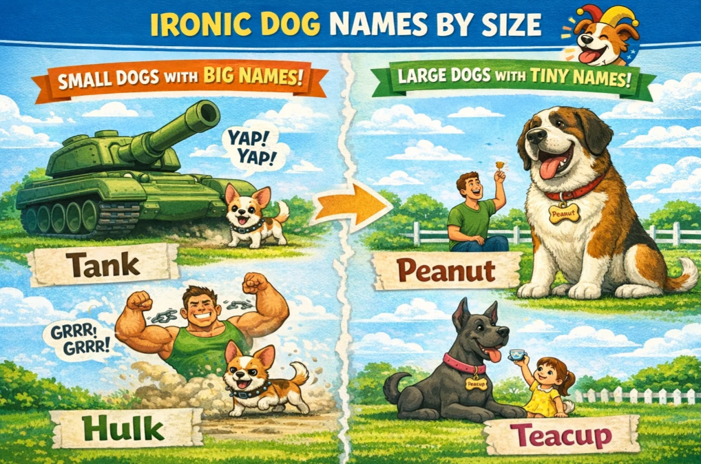 Split infographic comparing ironic dog names by size, showing small dogs with big names like Hulk and large dogs with tiny names like Peanut.