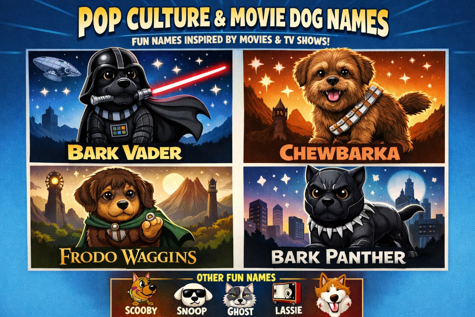 Infographic highlighting pop culture and movie-inspired dog names like Bark Vader and Frodo Waggins with parody film and TV visuals