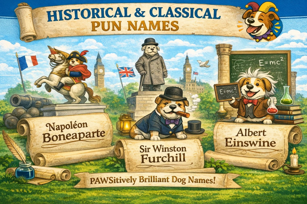 Infographic displaying humorous dog name puns based on historical figures, such as Napoléon Boneaparte and Winston Furchill, styled like classic portraits.