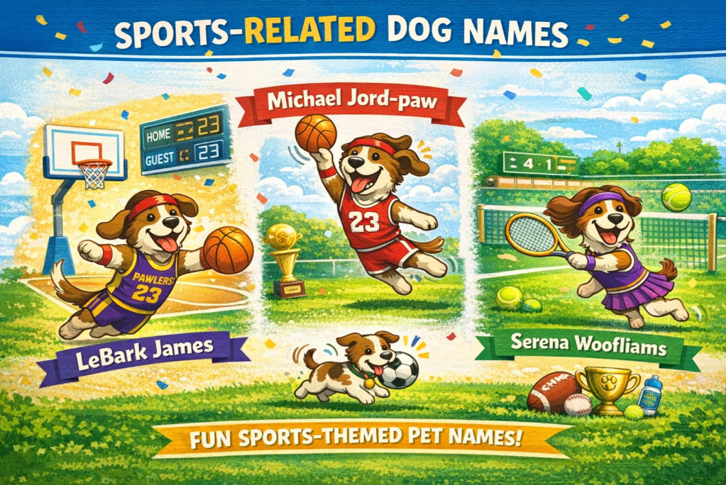 Infographic showcasing sports-inspired dog names such as LeBark James and Serena Woofliams with jerseys, trophies, and athletic imagery.