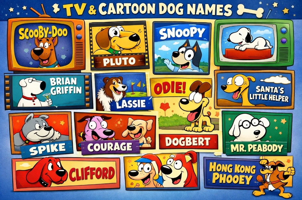 Cartoon-style infographic featuring TV and animated dog names including Scooby Doo, Snoopy, Bluey, and Brian Griffin