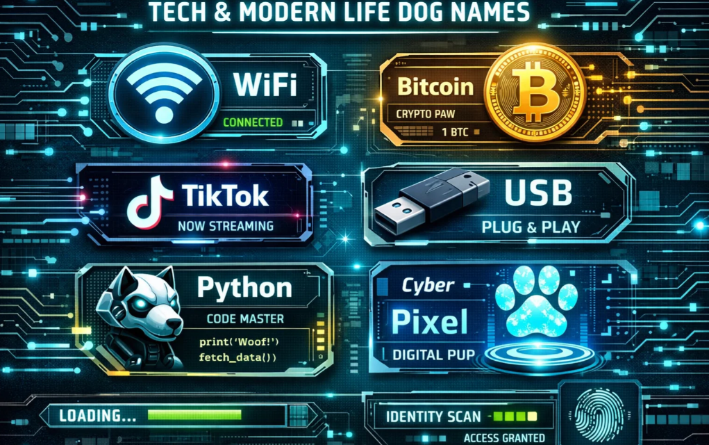 Tech-themed infographic featuring modern dog names like WiFi, Bitcoin, TikTok, and USB, designed with digital icons and screens.