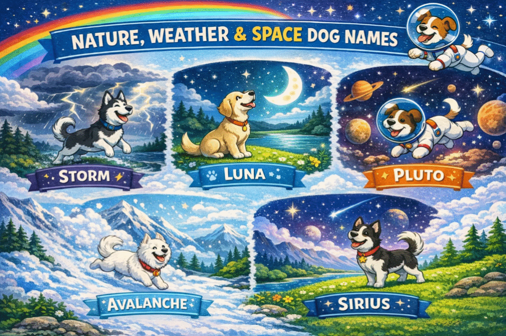 Infographic featuring dog names inspired by nature, weather, and space, including Storm, Luna, Pluto, and Sirius, with cosmic and landscape visuals.