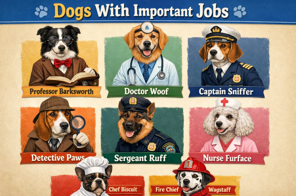 Humorous infographic showing dogs with professional title names like Professor Barksworth and Doctor Woof, illustrated with uniforms and badges.