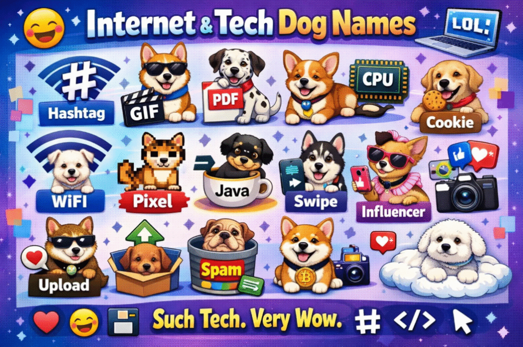 Infographic highlighting internet and tech humor dog names such as Hashtag, GIF, PDF, and Influencer with meme-style visuals.