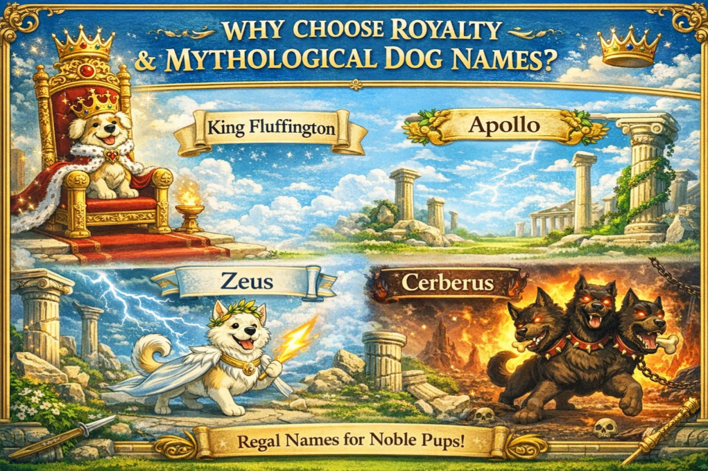 Regal infographic displaying royalty and mythological dog names such as King Fluffington, Zeus, and Apollo with crowns and ancient motifs.