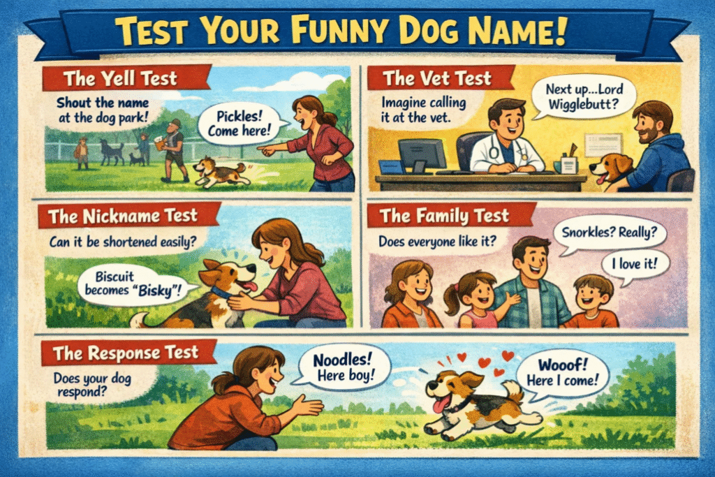 Instructional infographic explaining how to test a funny dog name using the yell test, vet test, nickname test, and response test.
