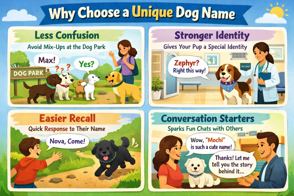 Infographic explaining why unique dog names are beneficial, including reduced confusion, individuality, and memorable interactions.