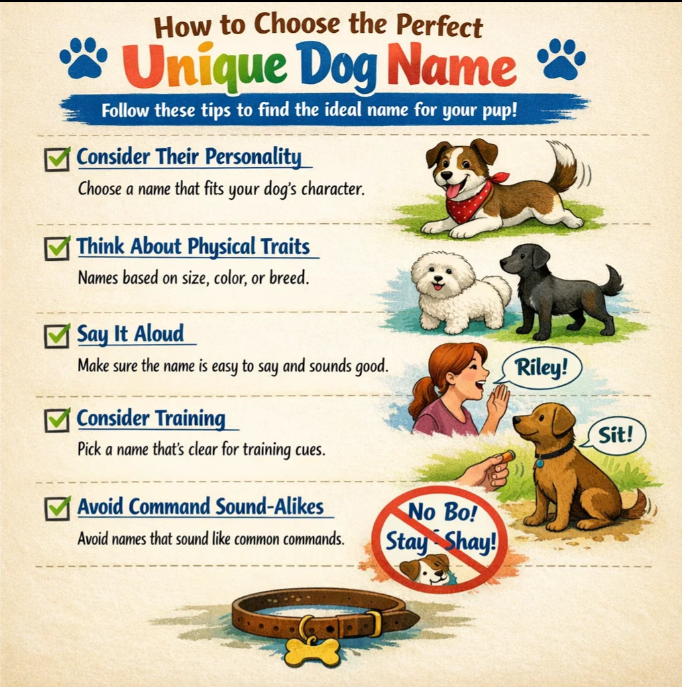 Checklist infographic showing how to choose a unique dog name based on personality, appearance, pronunciation, and training clarity.