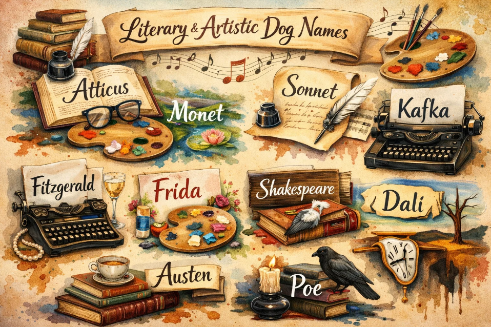 Artistic infographic featuring books, music notes, and art tools alongside names like Atticus, Monet, Sonnet, and Kafka.