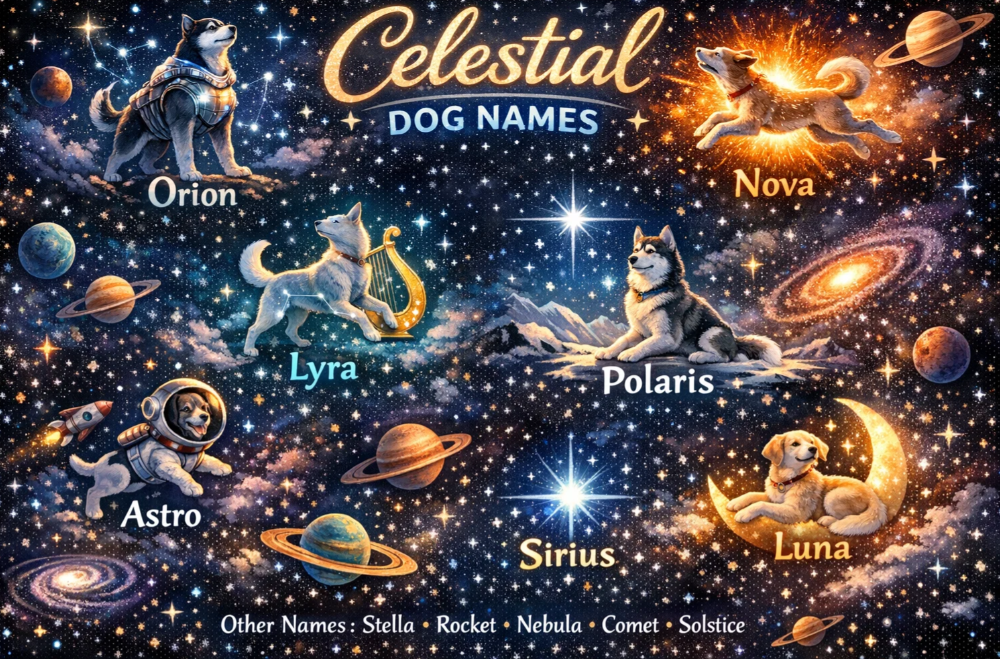 Celestial dog name infographic featuring space imagery and names like Orion, Nova, and Polaris.