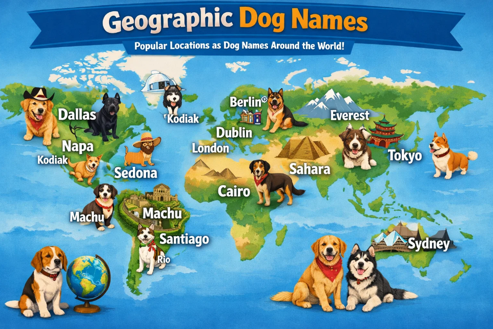 Geographic dog name infographic featuring global place-inspired names like Berlin, Cairo, and Everest.