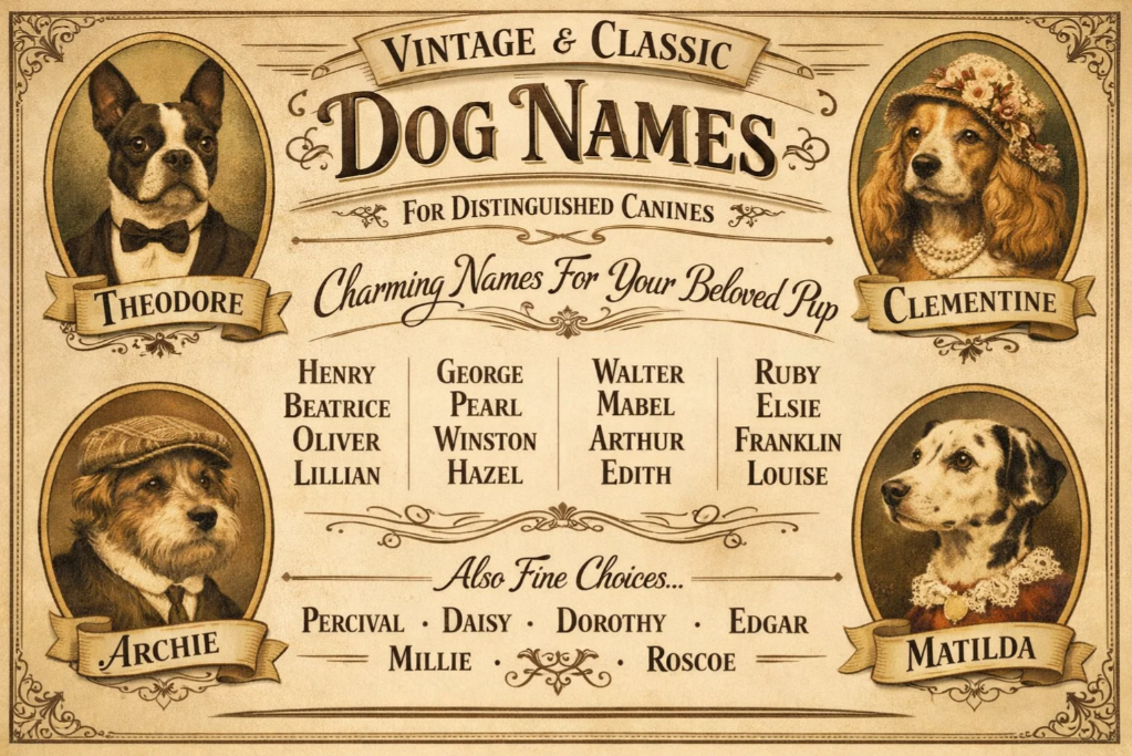 Vintage dog name infographic showcasing classic names like Theodore, Clementine, and Matilda.