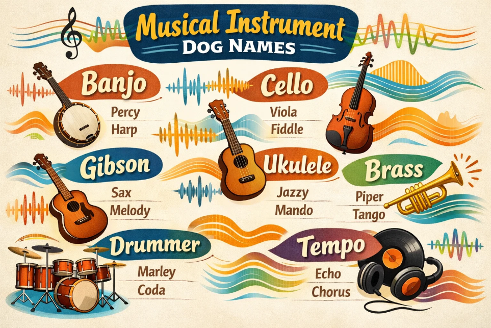 Musical instrument dog name infographic featuring names like Banjo, Cello, and Ukulele.