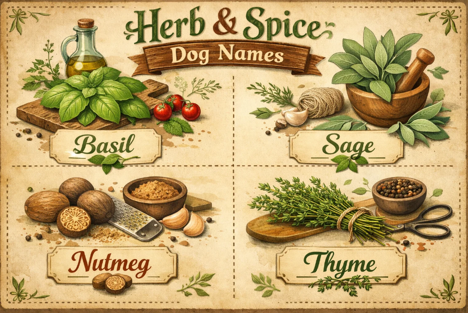 Herb and spice dog name infographic featuring aromatic names like Basil, Sage, and Nutmeg.