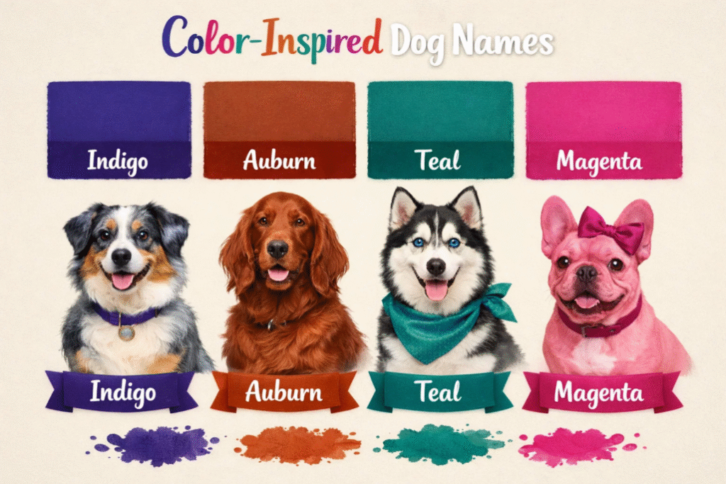 Color-inspired dog name infographic displaying names like Indigo, Auburn, and Teal.