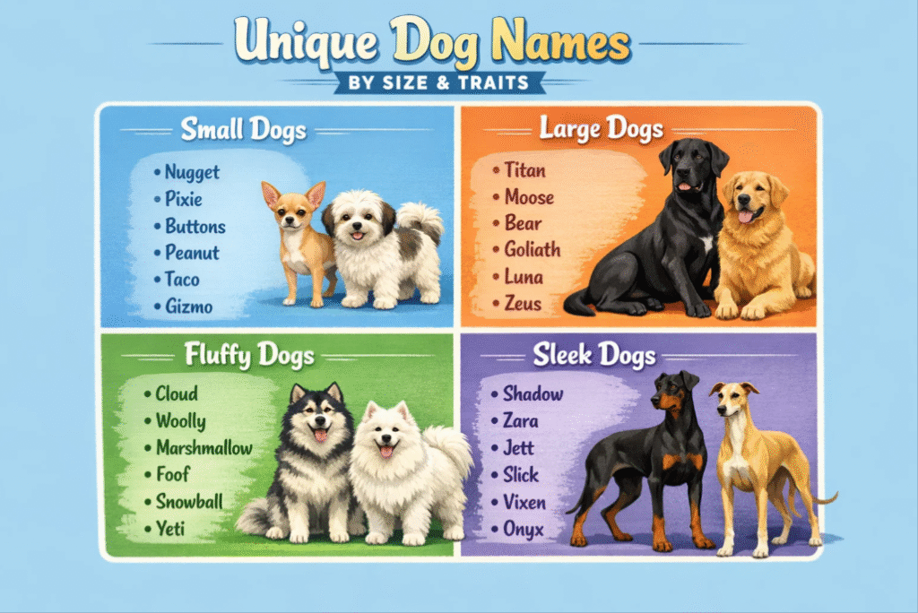 Infographic matching unique dog names to dog sizes and traits, including small, large, fluffy, and sleek dogs.