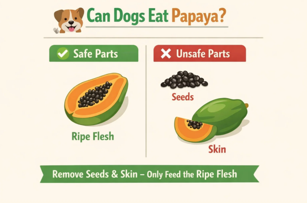 Diagram showing which parts of papaya are safe and unsafe for dogs to give more explanation for can dogs eat papaya or not