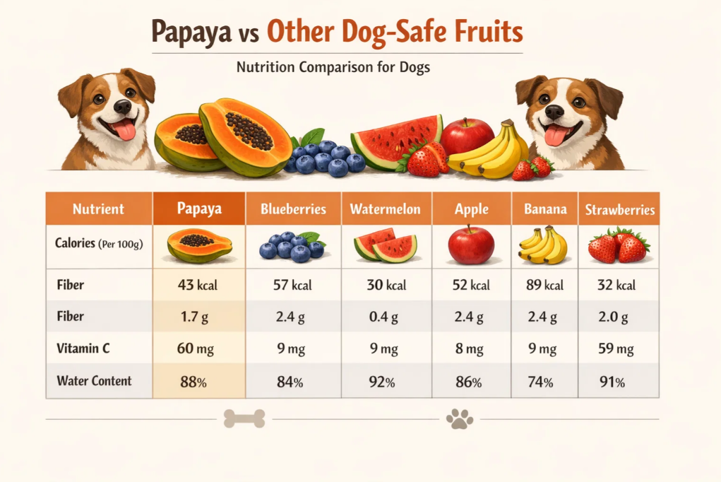 Comparison of papaya and other dog-safe fruits based on calories, fiber, and vitamins
