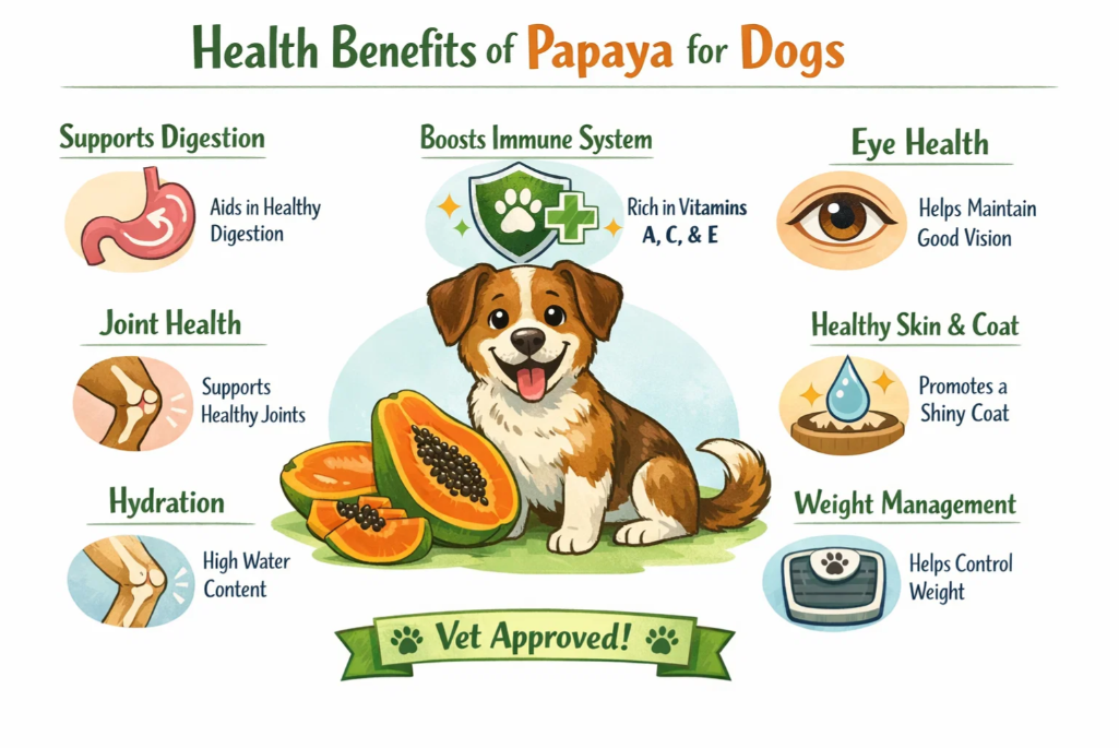 Infographic explaining digestive, immune, eye, and skin benefits of papaya for dogs