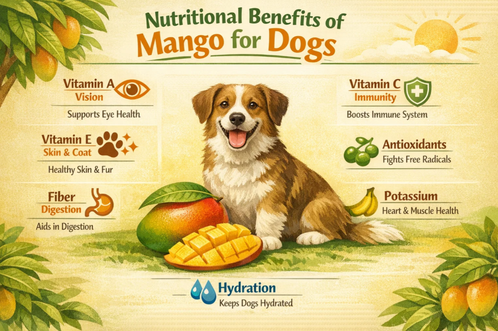 Infographic explaining the nutritional benefits of mango for dogs, including vitamins, fiber, antioxidants, and hydration.
