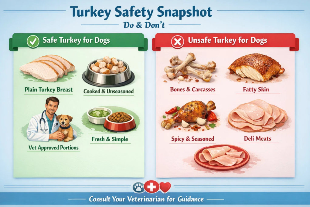 Infographic explaining why turkey is commonly used in dog food due to digestibility, hypoallergenic properties, and nutritional value.