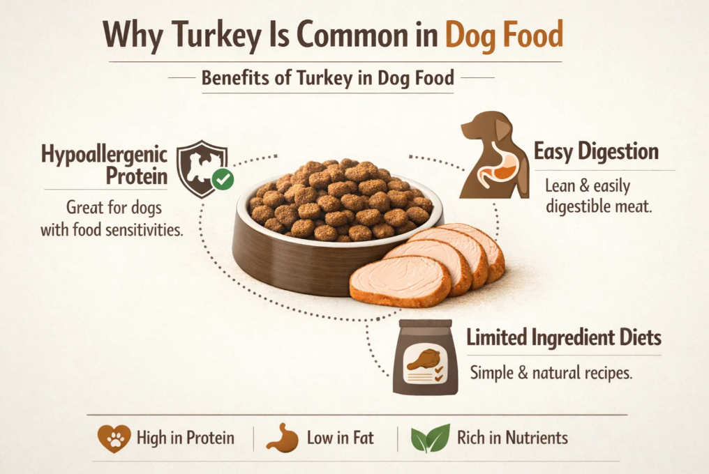 Infographic explaining why turkey is commonly used in dog food due to digestibility, hypoallergenic properties, and nutritional value.