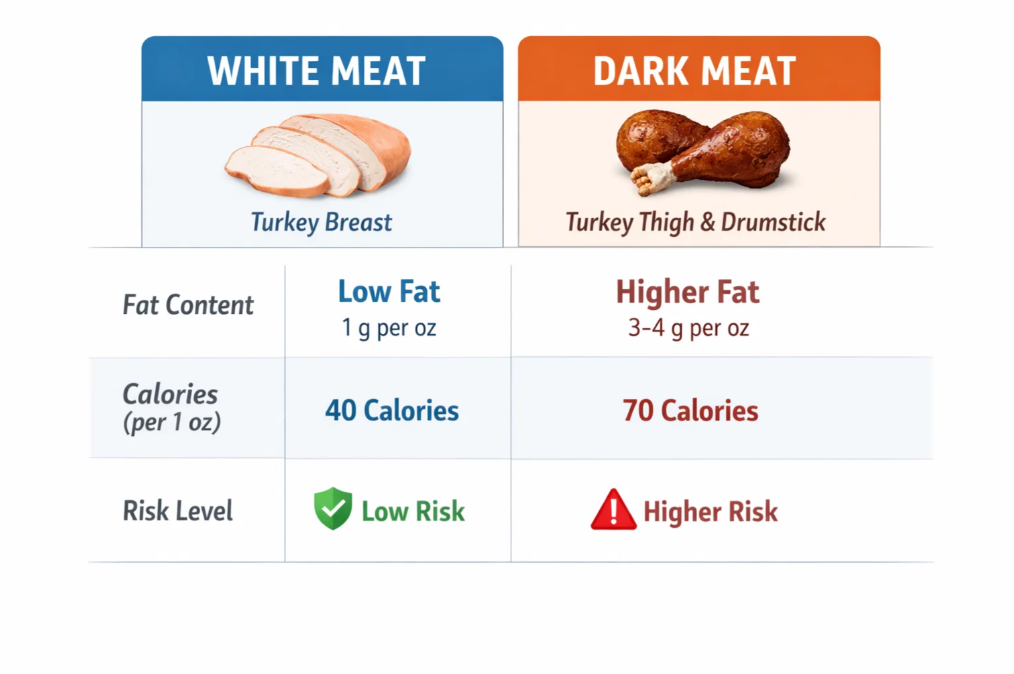 Comparison infographic showing that white turkey meat is lower in fat and safer for dogs than dark turkey meat.