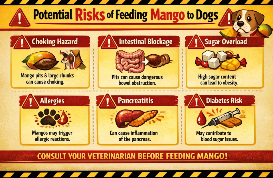 Infographic outlining potential risks of feeding mango to dogs, including sugar content, choking hazards, and allergies.
