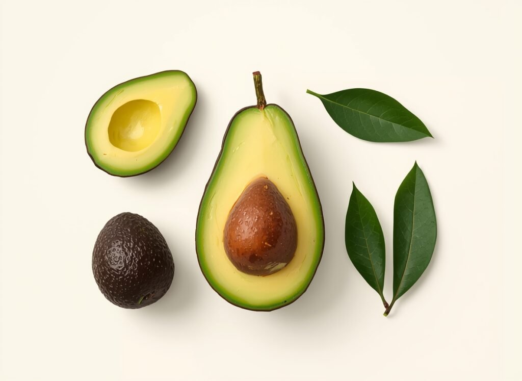 Avocado parts showing flesh, pit, skin, leaves, and stem with safety differences for dogs